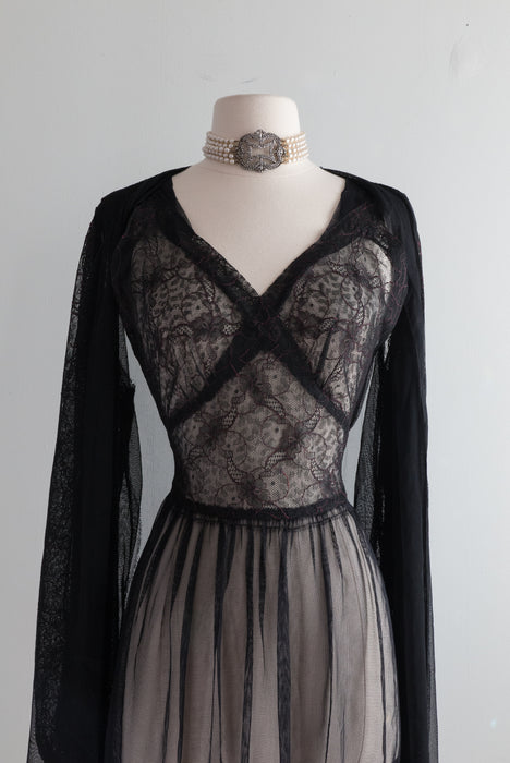 Wicked 1930's Black Lace Peignoir Set With Bishop Sleeves By Hobert / ML