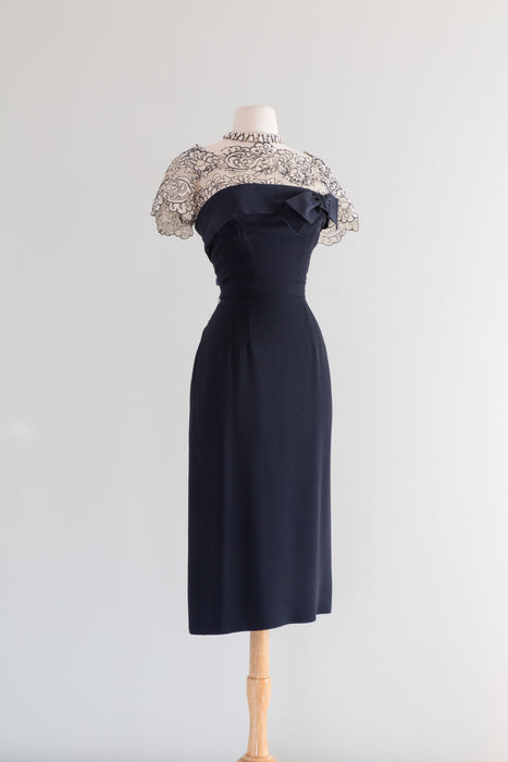 Absolutely Stunning 1950's Midnight Blue Silk Cocktail Dress By Terry-Allen / Waist 29