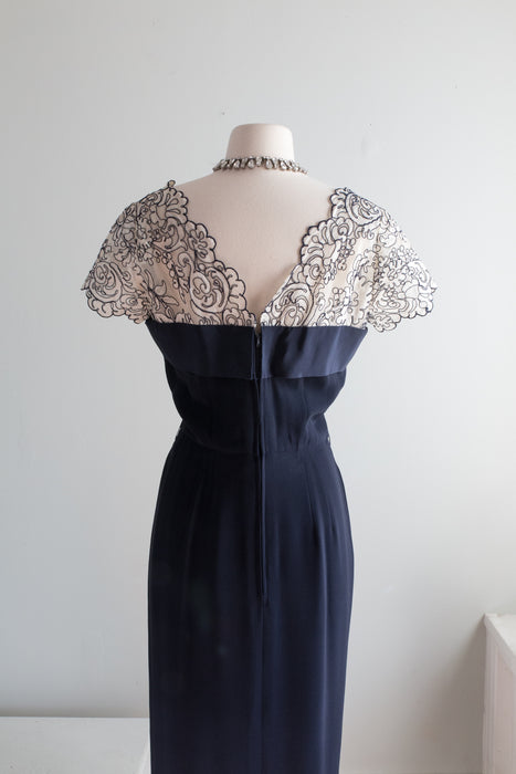Absolutely Stunning 1950's Midnight Blue Silk Cocktail Dress By Terry-Allen / Waist 29