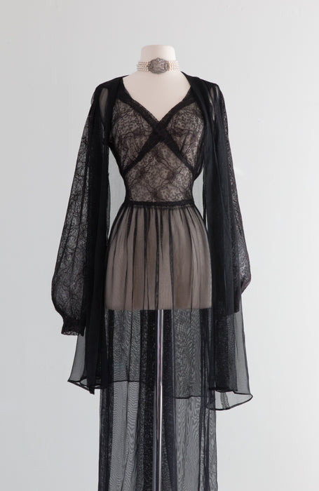Wicked 1930's Black Lace Peignoir Set With Bishop Sleeves By Hobert / ML