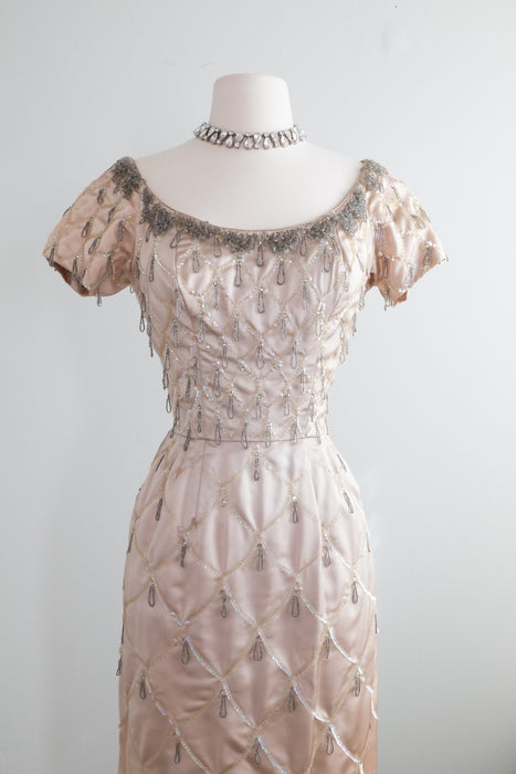 1950's Glamour Girl Satin Cocktail Dress With Sequins and Beads / Waist 25"