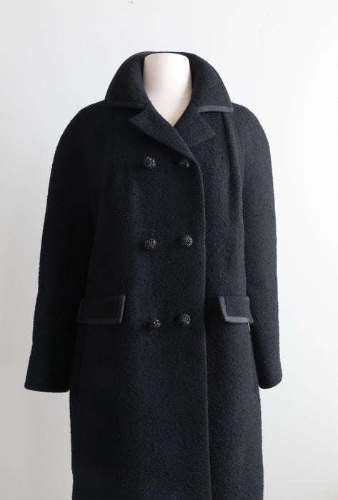 Timeless Classic 1960's Black Wool Coat With Black Rhinestone Buttons And Grosgrain Trim / ML