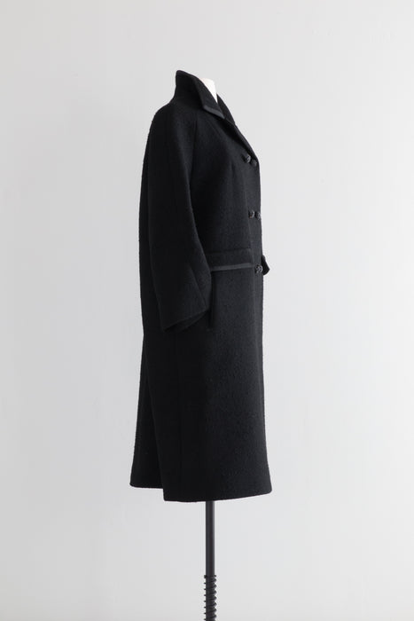 Timeless Classic 1960's Black Wool Coat With Black Rhinestone Buttons And Grosgrain Trim / ML