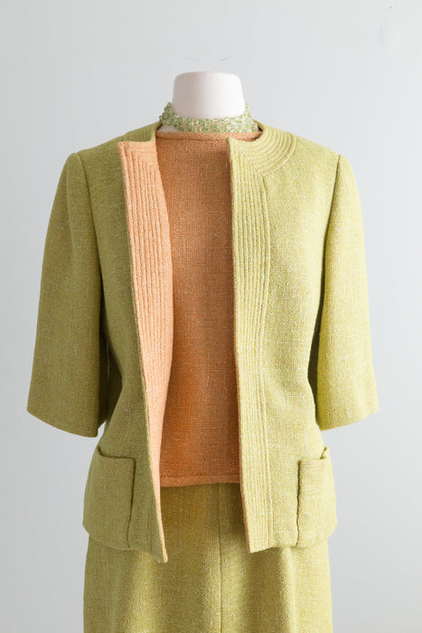 Ultra Chic 1960's Pumpkin & Chartreuse Wool Day Dress Set By Bill Blass / Waist 30