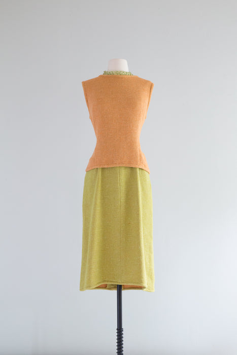 Ultra Chic 1960's Pumpkin & Chartreuse Wool Day Dress Set By Bill Blass / Waist 30