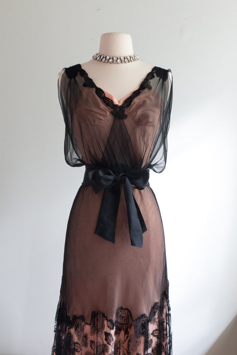 Exquisite 1930's Black Silk Chiffon Evening Gown With Rose Lace / Small