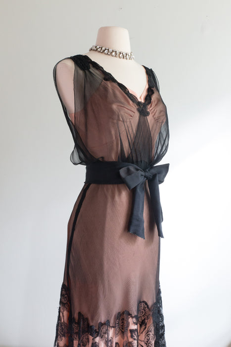 Exquisite 1930's Black Silk Chiffon Evening Gown With Rose Lace / Small