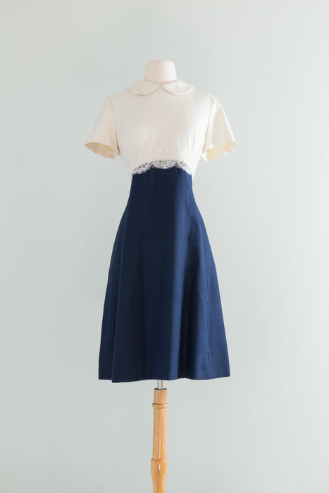 Elegant 1960's Navy Blue & White Silk Dress & Jacket Set By Harmay / ML