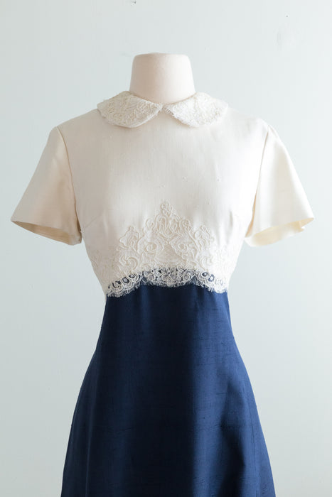 Elegant 1960's Navy Blue & White Silk Dress & Jacket Set By Harmay / ML
