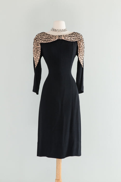 Stunning Late 1940's Cocktail Dress With Soutache Neckline By Franklin / M