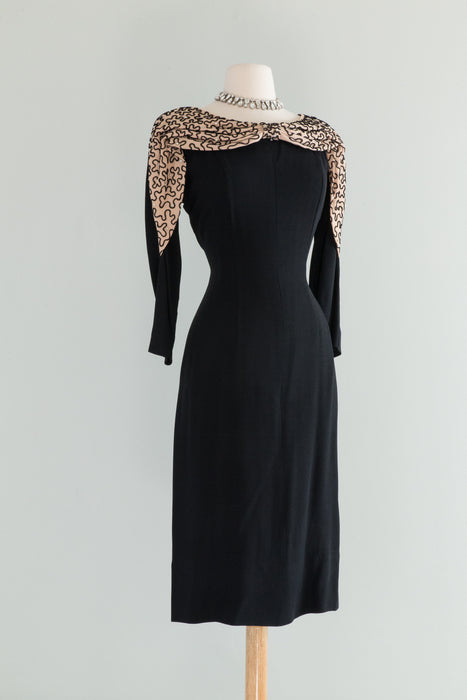 Stunning Late 1940's Cocktail Dress With Soutache Neckline By Franklin / M