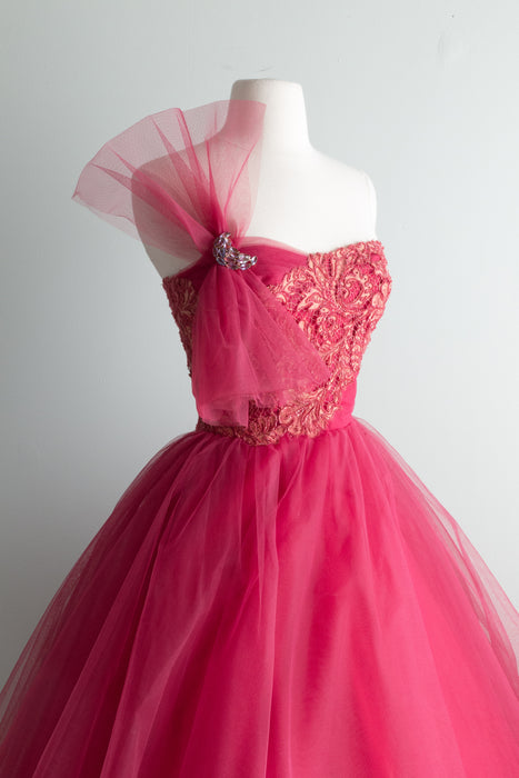 Fabulous 1950's Lipstick Pink Strapless Party Dress / Small