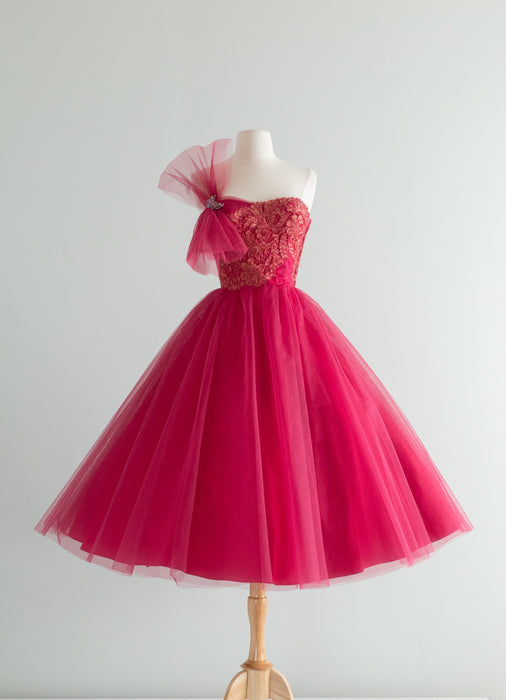 Fabulous 1950's Lipstick Pink Strapless Party Dress / Small