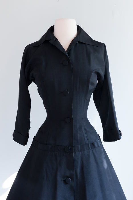 Elegant 1950's NEW LOOK Black Faille Cocktail Dress With Full Skirt / Waist 29