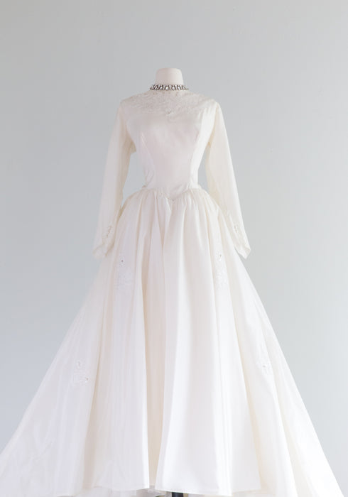 Classic 1950's Snow White Taffeta Wedding Gown With Sleeves and Train / Waist 31"