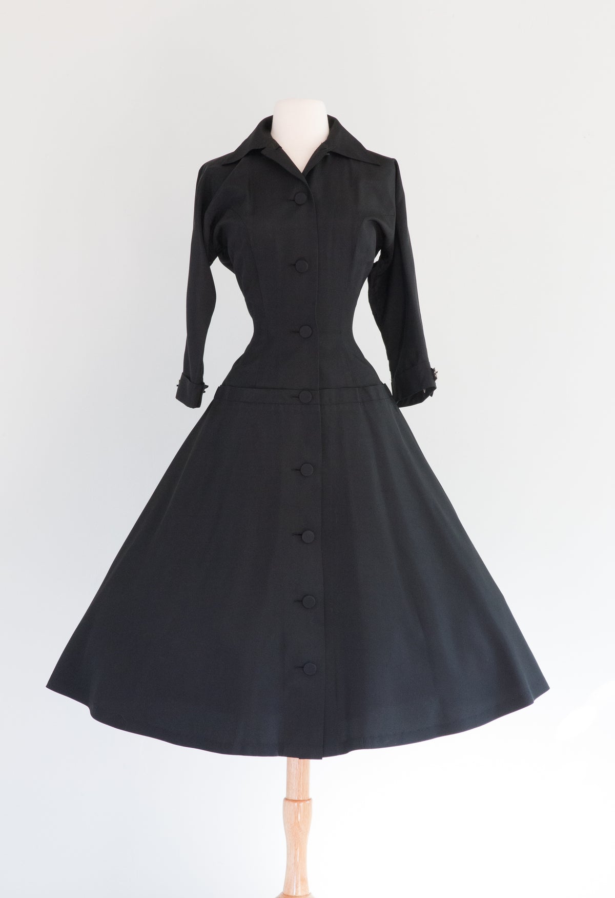 Elegant 1950's NEW LOOK Black Faille Cocktail Dress With Full Skirt