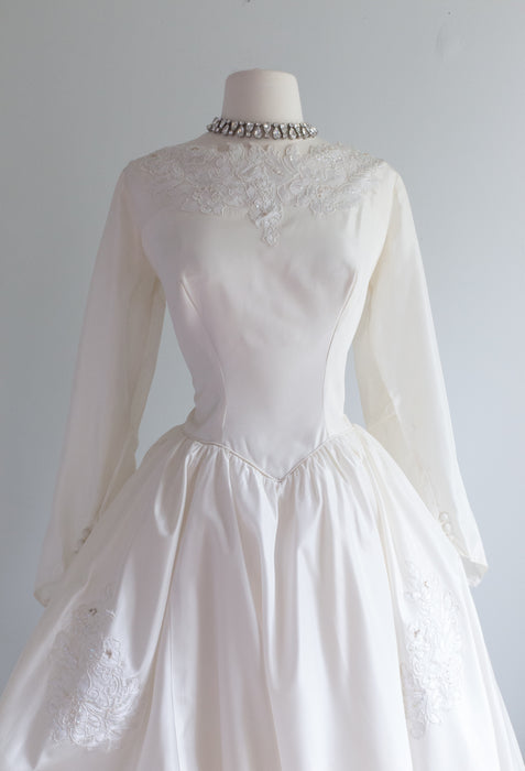 Classic 1950's Snow White Taffeta Wedding Gown With Sleeves and Train / Waist 31"