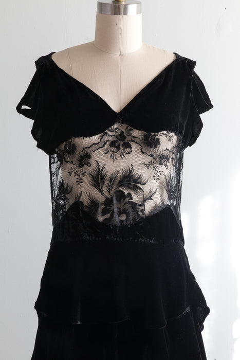 Rare 1920's Silk Velvet Evening Dress With Burnout Velvet Netting / SM