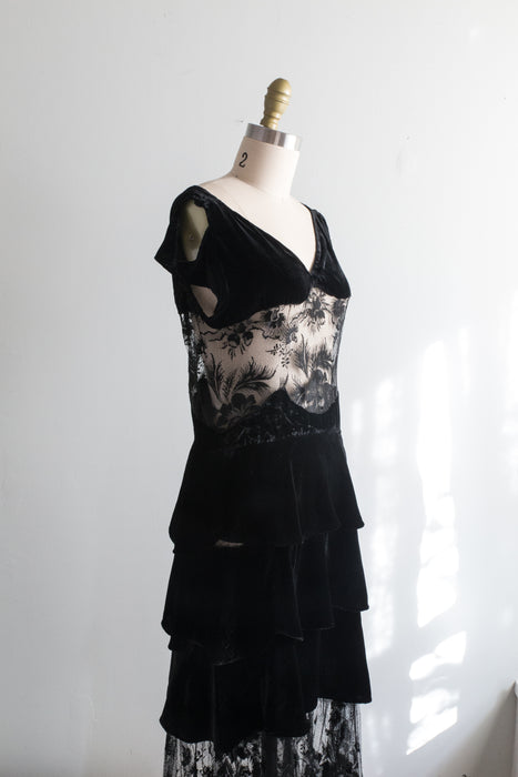 Rare 1920's Silk Velvet Evening Dress With Burnout Velvet Netting / SM