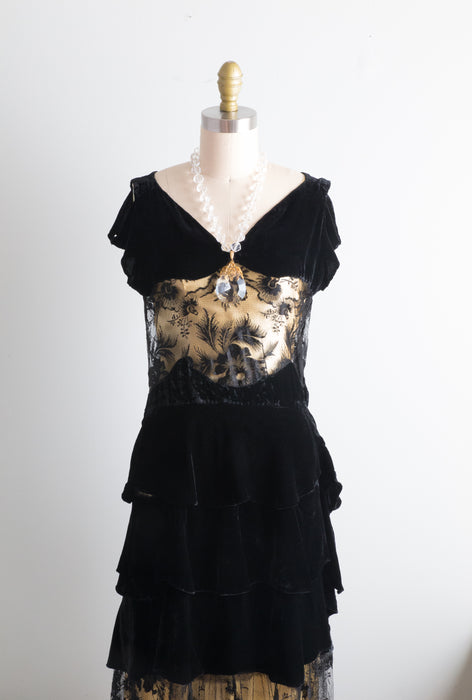 Rare 1920's Silk Velvet Evening Dress With Burnout Velvet Netting / SM