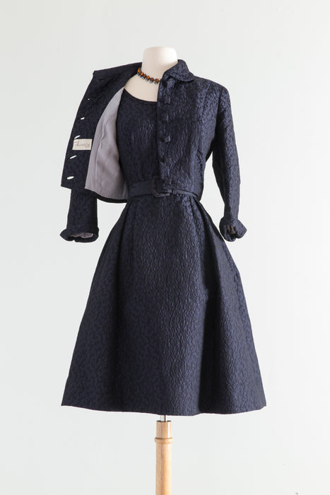 Gorgeous 1950's Midnight Silk Matelasse Dress and Jacket Set by Larry Aldrich / Small