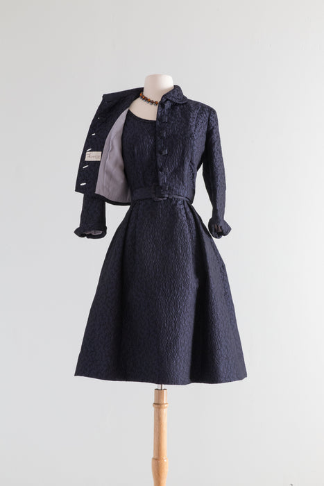 Gorgeous 1950's Midnight Silk Matelasse Dress and Jacket Set by Larry Aldrich / Small