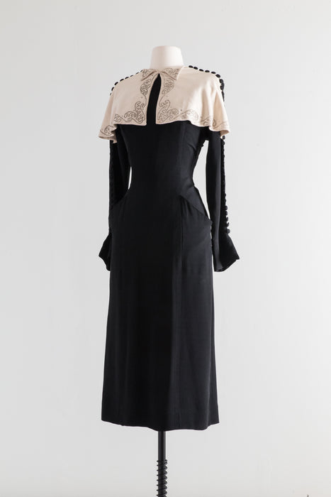 Elegant 1940's Paul Sachs Black And White Cocktail Dress With Button Down Sleeves / Waist 30