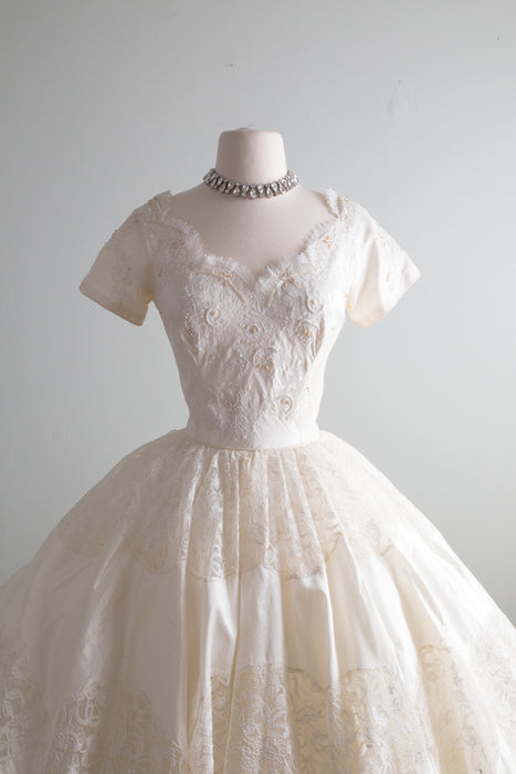 Princess 1950's Ivory Silk Dupioni and Lace Princess Wedding Gown / XS
