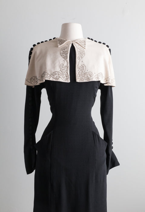 Elegant 1940's Paul Sachs Black And White Cocktail Dress With Button Down Sleeves / Waist 30