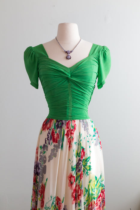 Stunning Early 1940's Floral Print Chiffon Evening Gown / Small