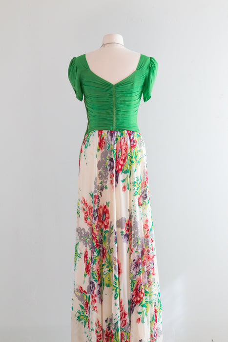 Stunning Early 1940's Floral Print Chiffon Evening Gown / Small