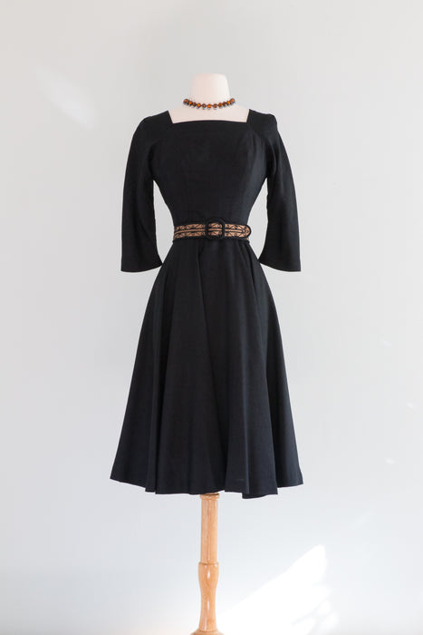 Timeless 1950's Little Black Silk Dress With Full Skirt By L'Aignon / Small