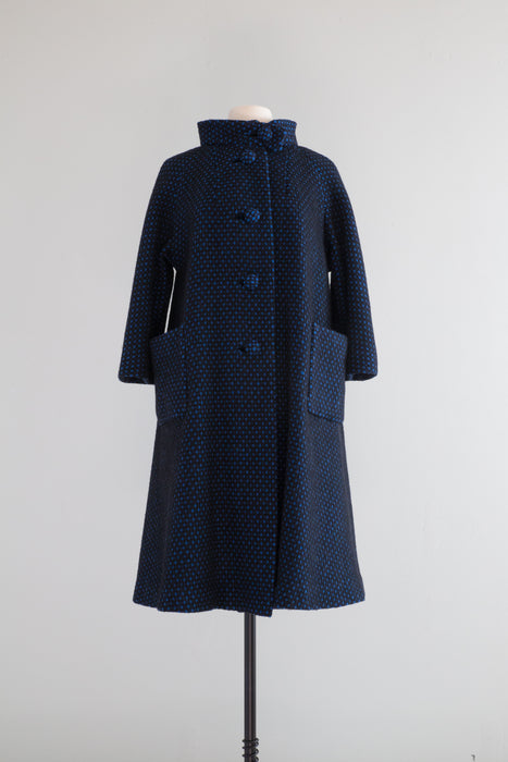 Fabulous Early 1960's Black & Blue Wool Swing Coat / OS