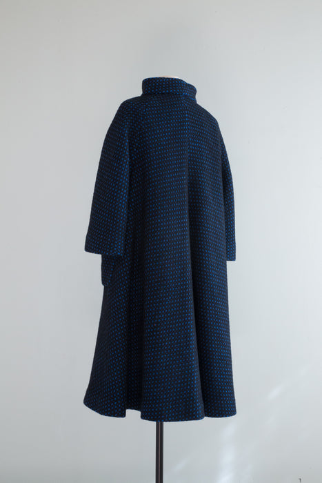 Fabulous Early 1960's Black & Blue Wool Swing Coat / OS