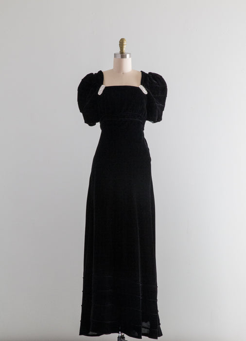 Divine 1930's Black Silk Velvet Evening Gown With Puffed Sleeves / Small