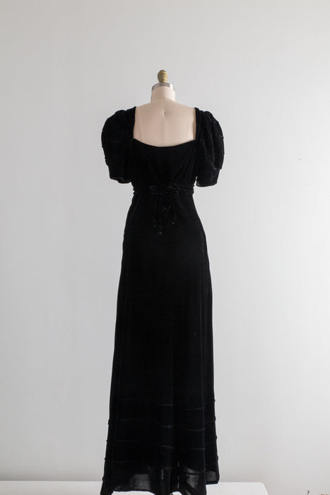 Divine 1930's Black Silk Velvet Evening Gown With Puffed Sleeves / Small
