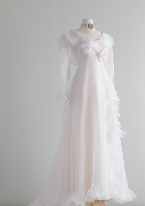 Elegant 1970's Bianchi Wedding Gown With Ruffles & Sleeves / Small