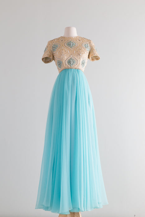 Exquisite 1960's Tiffany Blue and Gold Brocade Evening Gown By Nat Kaplan / Small