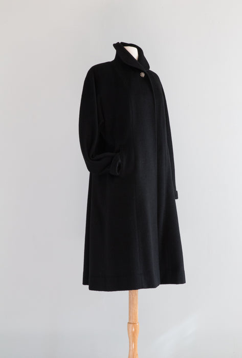 The Ultimate 1950's Black Alpaca Cocoon Coat With Fur Collar / OS