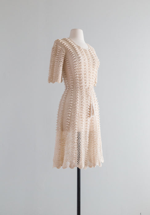 Vintage 1970's Ivory Crochet Dress / Small