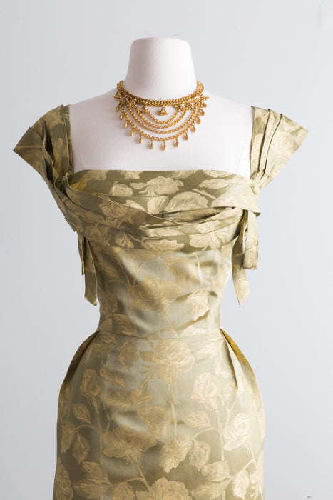 1950's Green Gold Silk Brocade Cocktail Dress By John Selby / Waist 26