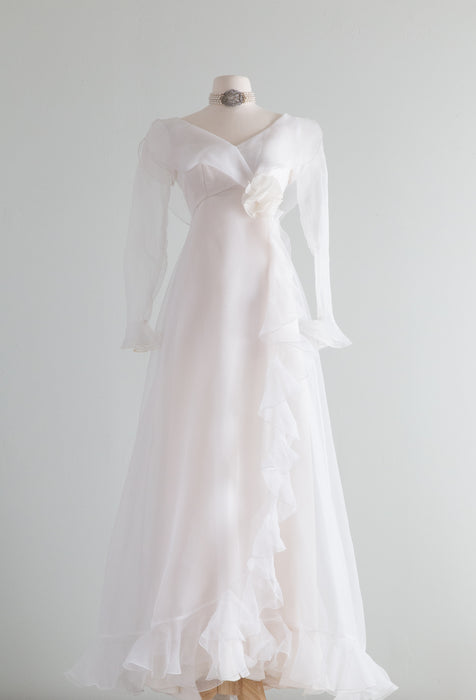 Elegant 1970's Bianchi Wedding Gown With Ruffles & Sleeves / Small
