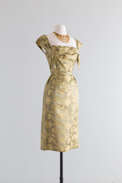 1950's Green Gold Silk Brocade Cocktail Dress By John Selby / Waist 26