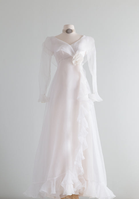 Elegant 1970's Bianchi Wedding Gown With Ruffles & Sleeves / Small