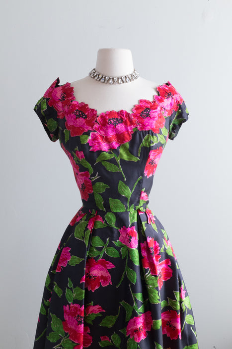 Stunning Early 1960's Silk Poppy Print Cocktail Party Dress / Waist 26"