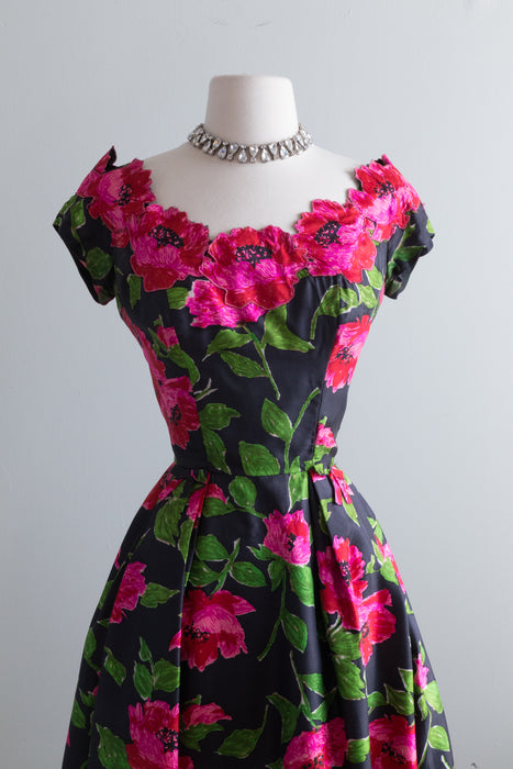 Stunning Early 1960's Silk Poppy Print Cocktail Party Dress / Waist 26"