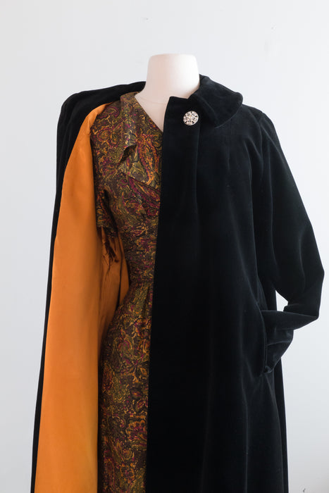 Dramatic 1950's Black Velvet Swing Coat With Gleaming Marigold Lining / Medium