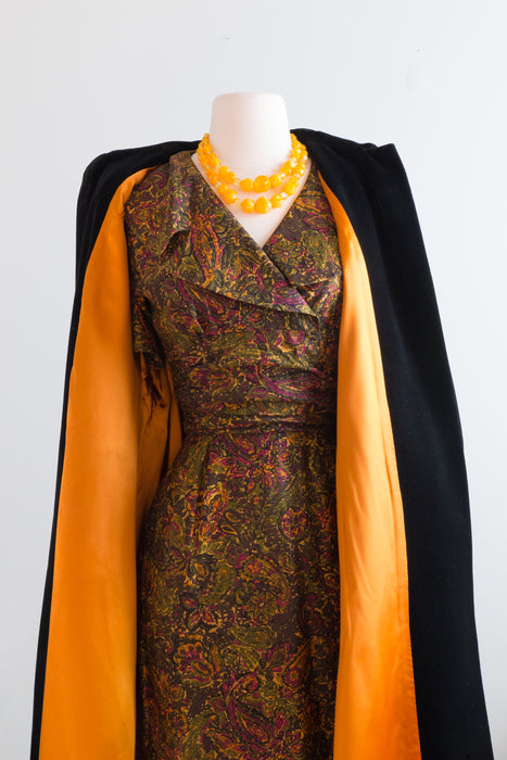 Dramatic 1950's Black Velvet Swing Coat With Gleaming Marigold Lining / Medium