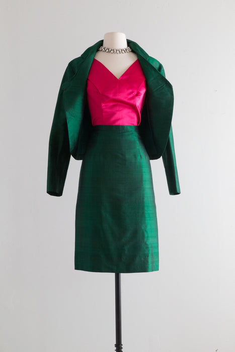 Fabulous 1960's Emerald Green Silk Ladies Suit / Small