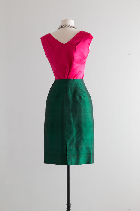 Fabulous 1960's Emerald Green Silk Ladies Suit / Small
